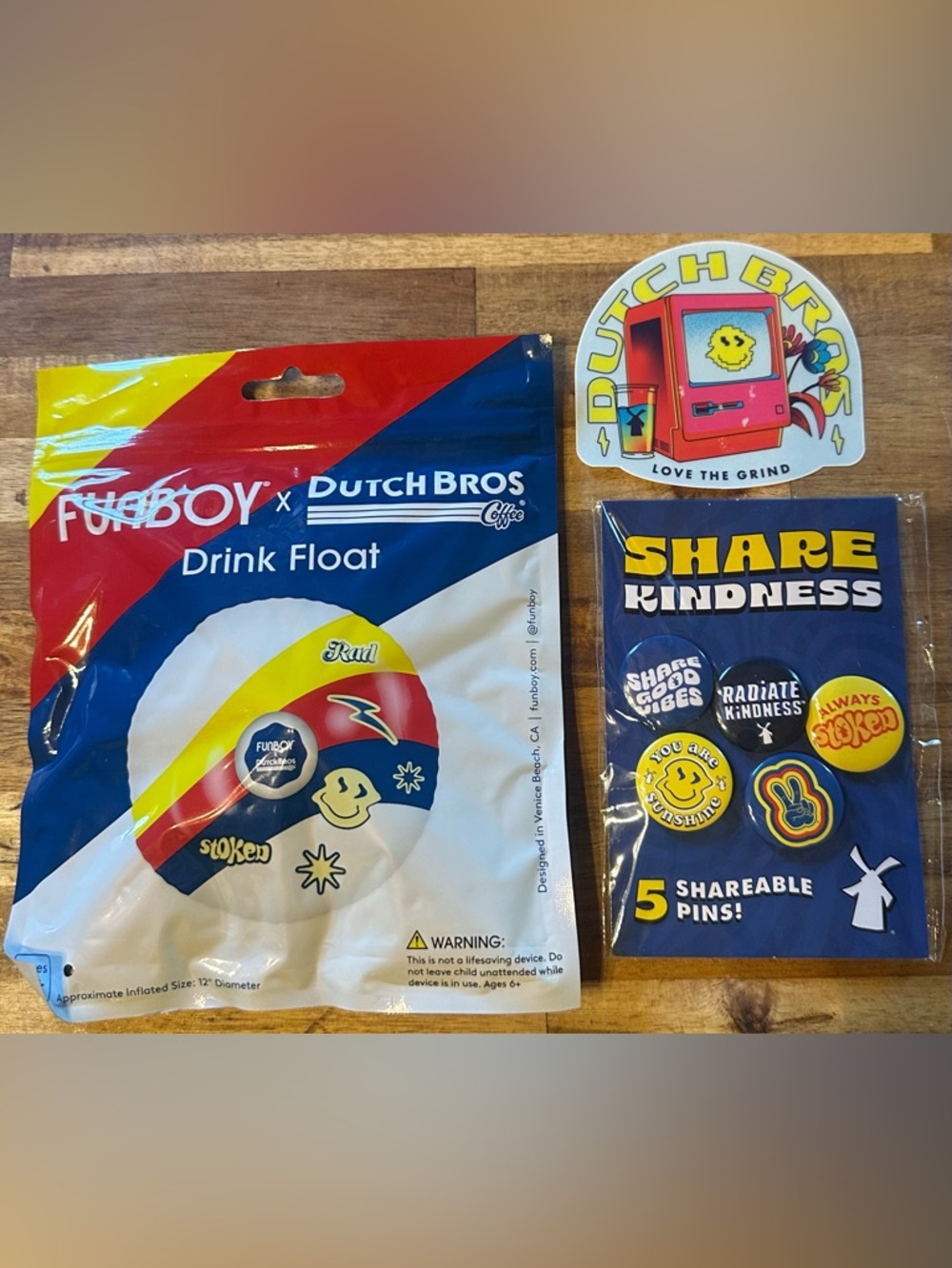 Dutch Bros Funboy Drink Float, Button Set & Sticker